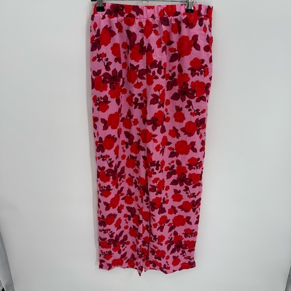 Loft Pajamas Red Pink 2 piece set Satin Woman’s Size Medium Floral collared - Picture 7 of 9